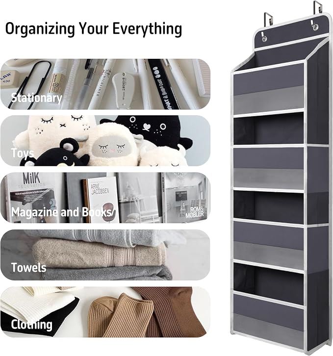 TYMENSH Gray Over Door Organizer with 4 Large Clear Pockets, Neutral Hanging Door Storage for Closet, Bathroom, Bedroom, Dorm, Nursery, Toys, Toiletries, Baby Essentials