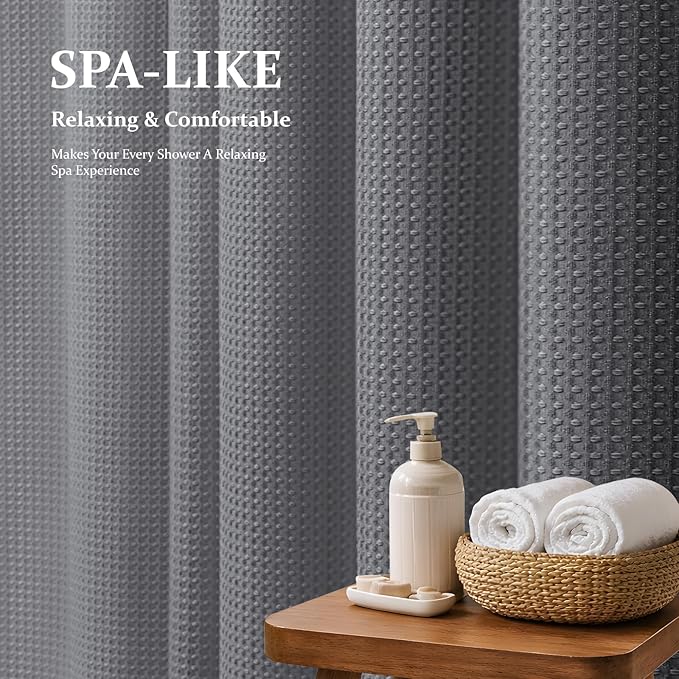 Dynamene Grey Fabric Shower Curtain for Bathroom - Waffle Weave Textured Heavy Duty , 256GSM Hotel Luxury Weighted Cloth Bath Curtain Set with 12 Plastic Hooks,72x72, Grey/Gray