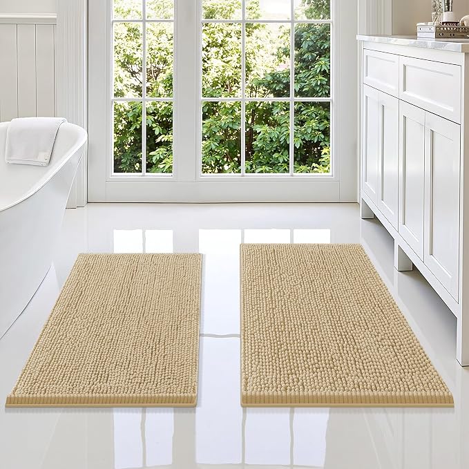 Smiry Bathroom Rugs Sets 2 Piece, Soft Absorbent Chenille Machine Washable Non Slip Shaggy Bath Rug Set for Tub, Shower, and Floor (34x21+30x20, Beige)