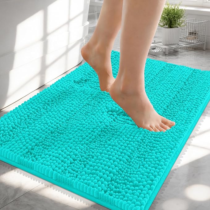 OLANLY Thick Small Bathroom Rugs 24x16, Extra Soft Absorbent Chenille Striped Bath Rugs, Rubber Backing, Machine Wash, Bath Mats for Bathroom Floor, Tub and Shower, Home Decor Accessories, Teal