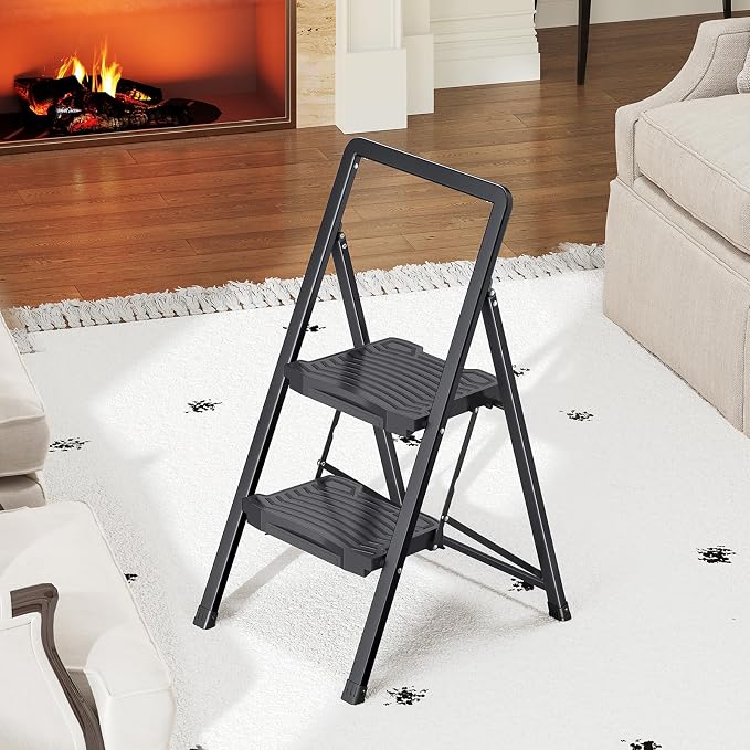 KINGRACK 2 Step Folding Ladder - Steel Step Stool with Handrail, Wide Pedal, 800 lbs Capacity – Foldable Heavy Duty Ladder for Home, Kitchen – Black