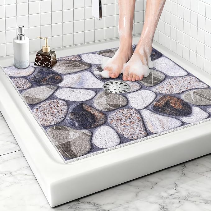Square Shower Mat Non Slip: 32x32 Inch Extra Large Shower Mats with Drain Hole in Middle -Anti Slip Shower Mats for Inside Shower -Loofah Shower Floor Mat Bath Mat for Shower Stall Bathtub Elderly
