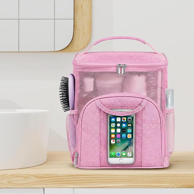 Attmu Mesh Shower Caddy Portable Dorm Tote Bag, Quick Dry Hanging Toiletry Bag, Large Capacity Shower Bag for College Dorm Room Essentials for Boys and Girls for Bath Camping (Light Pink)