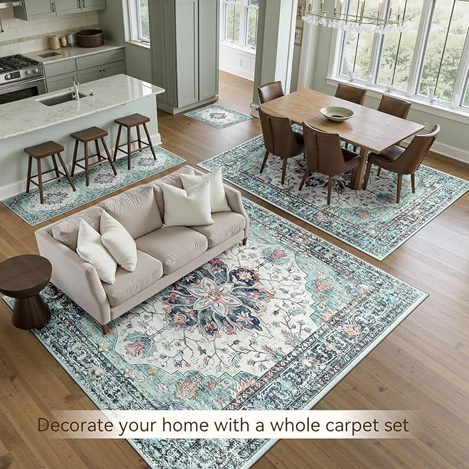 RELEANY Area Rugs 7'x9' Washable Non-Slip, Floral Vintage Distress Medallion Carpet for Living Room Bedroom Dining Room, Green Navy Blue White Red Teal