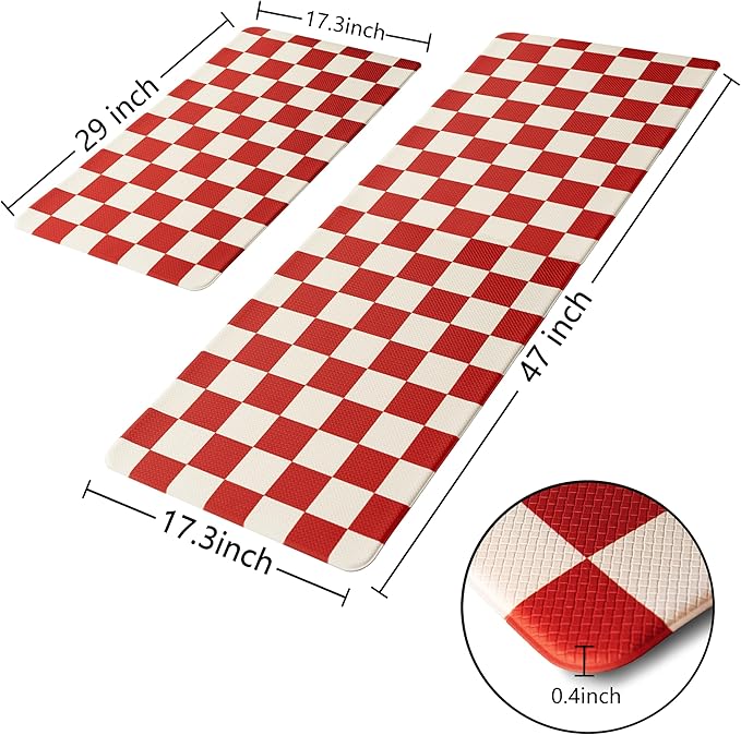 Beige Red Checkered Grid Checkerboard Kitchen Rug Sets [2 PCs], Anti-Fatigue, Waterproof Non-Slip Kitchen Mats Heavy Duty Comfort Foam Rug for Kitchen, Floor, Home, Laundry,17"x29"+17"x47"