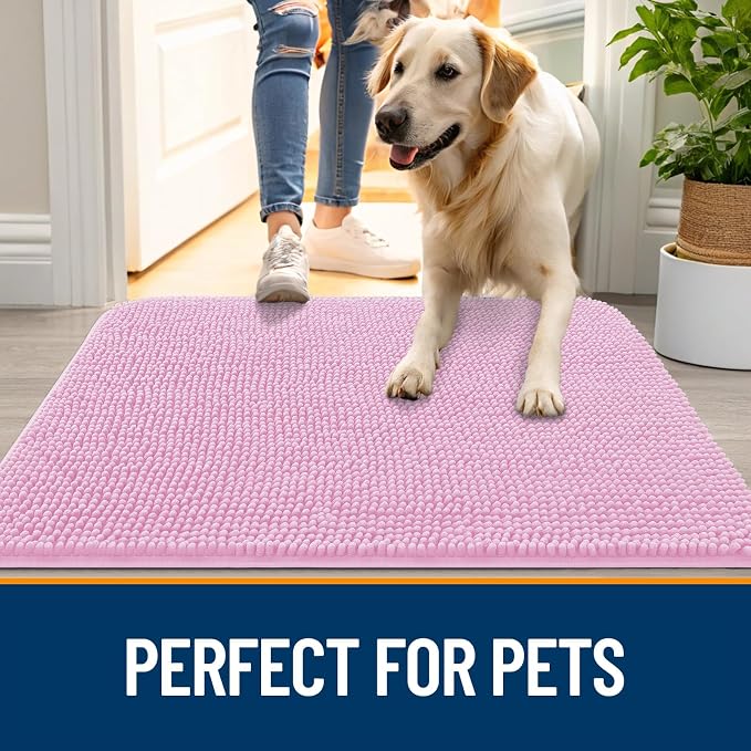 OLANLY Dog Door Mat for Muddy Paws 40x24, Absorbs Moisture and Dirt, Absorbent Non-Slip Washable Doormat, Quick Dry Chenille Mud Mat for Dogs, Entry Indoor Entryway Carpet for Inside Floor, Pink