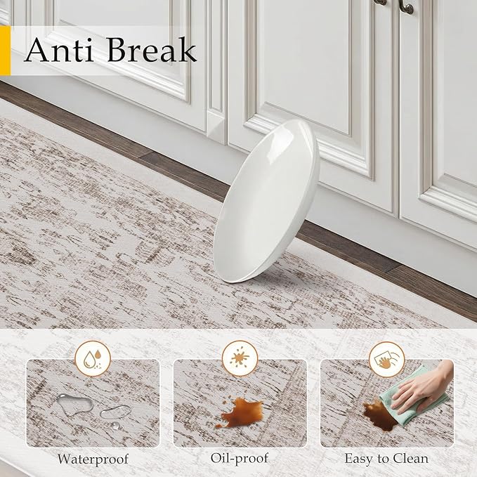 PureCozy Kitchen Mats 2PCS Anti Fatigue Cushioned Mat Light Brown Vintage Kitchen Mats for Floor Waterproof Non Slip Comfort Standing Retro Floral Rug for Sink Laundry Office 17.3"x59"+17.3"x30"