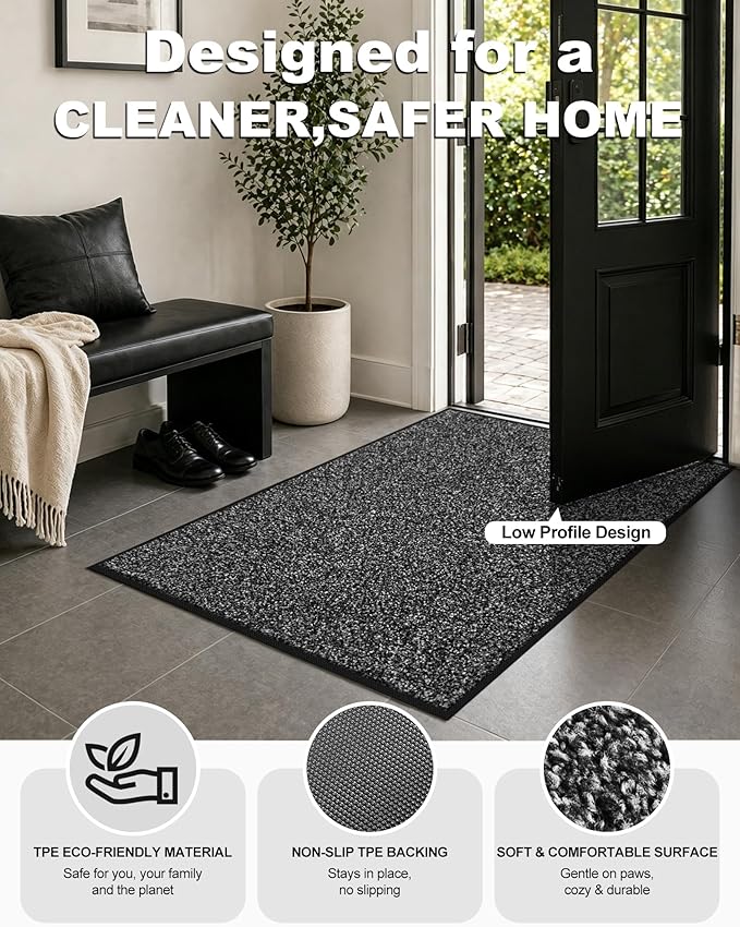Mibao Front Door Mat Indoor Entrance, 32" x 20", Dirt Trapper Welcome Mat for Outdoor Indoor, Non-Slip Waterproof Doormat, Durable Machine Washable Low Profile Entry Rug for Back Door Outside,Grey