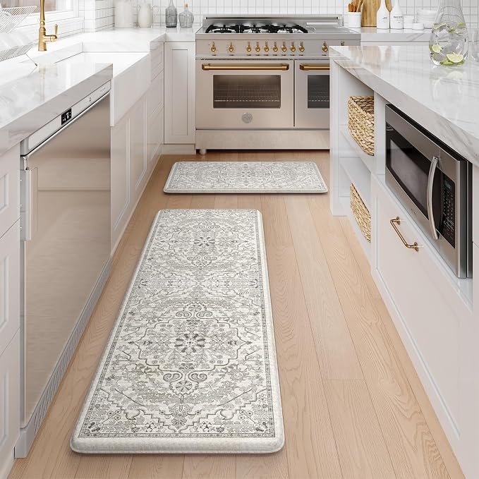 KIMODE Kitchen Mats Cushioned Anti Fatigue, 20"x47"+20"x32" Farmhouse Kitchen Rugs Sets of 2, Non Slip Kitchen Mats for Floor, Padded Kitchen Floor Mats for Sink, Laundry, Desk Grey