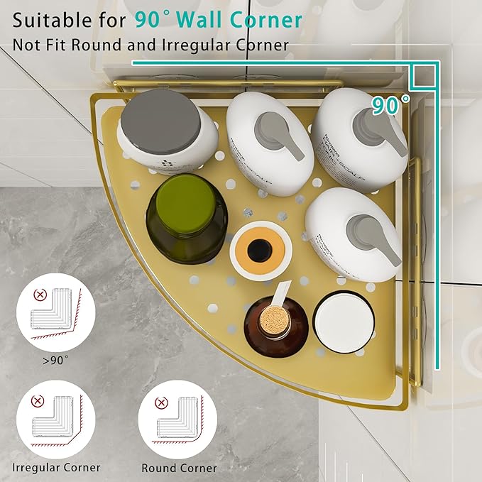 Corner Shower Shelves, 2-Tier Gold Shower Candy with 4 Hooks, Stainless Steel Bathroom Shower Organizers, Wall Mounted Caddy Shelves No Drilling with Adhesive, Triangle Storage Shelf for Toilet