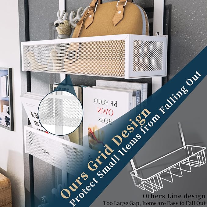 Consumest Over The Door Hooks Organizer - 3 Tier Door Hanger with 9 Coat Hooks & 2 Mesh Basket, Back Storage Organizer Hanging Towels for Bathroom, Bedroom, White