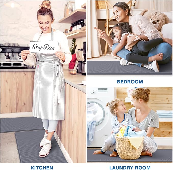 StepRite Kitchen Mats, 2PCS Kitchen Rugs, Cushioned Anti Fatigue Kitchen Mats for Floor, Non-Slip Standing Desk Mat, Waterproof Kitchen Rug Set for Kitchen, Floor, Office, 17.3"x30"+17.3"x59", Grey