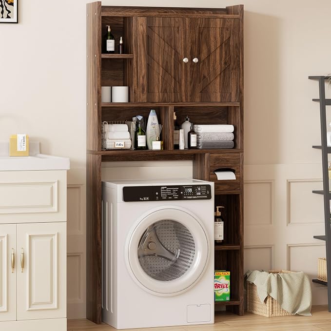 Shintenchi Over the Toilet Storage Cabinet, Bathroom Storage Cabient with Barn Doors, Bathroom Storage Shelf Organizer with Toilet Paper Holder, Adjustable Shelf and Anti-Tip Device, Walnut