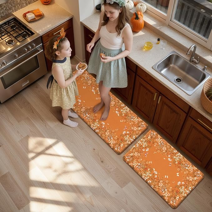 KIMODE Fall Kitchen Mats Cushioned Anti Fatigue, Orange Farmhouse Kitchen Rugs Sets of 2, Halloween Kitchen Mats for Floor, Padded Kitchen Floor Mats for Sink Laundry Office Desk 20"x47"+20"x32"