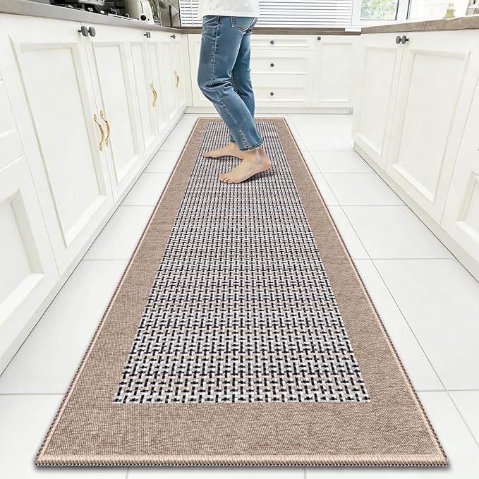 StepRite Kitchen Rugs, Kitchen Mats for Floor, 96"x20" Non-Slip Machine-Washable Kitchen Throw Rug, Absorbent Runner Rugs Office, Sink Standing Desk Mat, Decor Carpet, Khaki