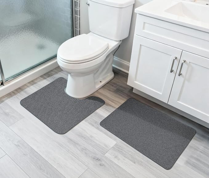 Bosap Bathroom Rugs Set 2 Pieces,Thin Bathroom Mats,Toilet Rugs,Quick Dry,Non-Slip,Machine Washable,Low Pile,Absorbent Bath Mats,Shower,Sink,Home Decor Accessories.Dark Grey,1'5"x2'3"+1'8"x2" U Shape