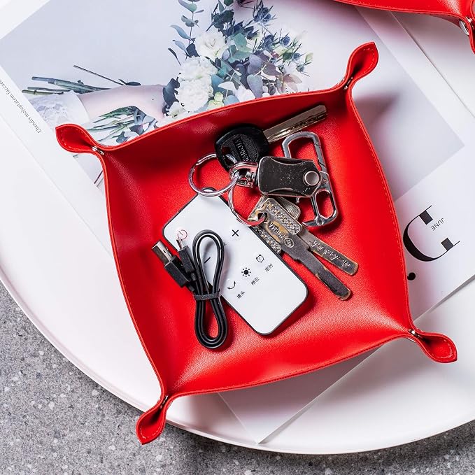 Leather Jewelry Valet Tray for Women and Man, Portable Entryway Table Tray Bedside Nightstand Desk Tray Small Catchall Travel Dish Plate for Key,Wallet,Watch,Coin (Red-B)