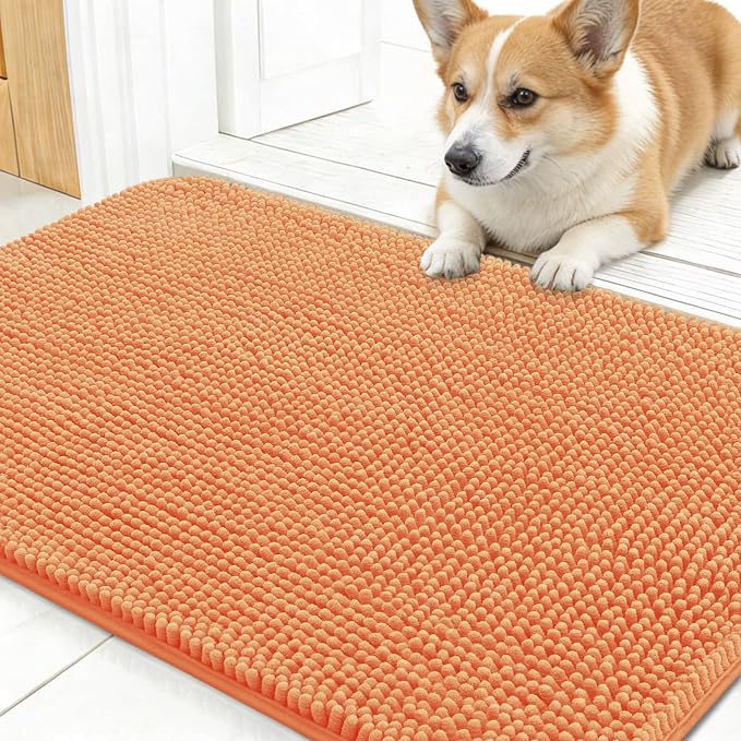 OLANLY Dog Door Mat for Muddy Paws 24x16, Absorbs Moisture and Dirt, Absorbent Non-Slip Washable Doormat, Quick Dry Chenille Mud Mat for Dogs, Entry Indoor Entryway Carpet for Inside Floor, Orange