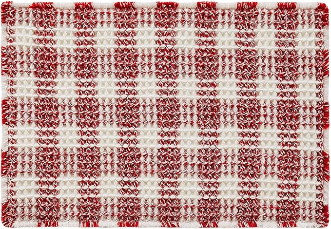 TYUU Waffle Bath Mat, Boho Christmas Bathroom Rugs Non Slip Washable Absorbent Checkered Bathroom Mat Quick Dry Cute Bath Mat, 30"x20" Red and White