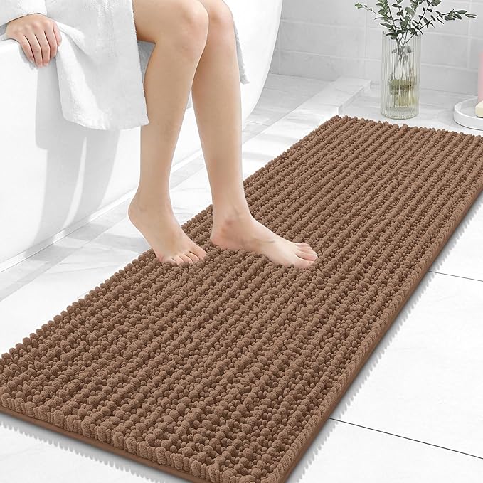 OLANLY Long Bathroom Rugs Runner 47x17, Thick Soft and Absorbent Chenille Bath Mat, Non-Slip, Machine Washable Quick Dry Bath Rugs for Tub Shower Floor, Home Decor Accessories, Mocha