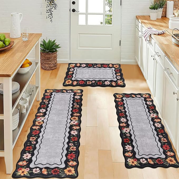 Vaukki Boho Kitchen Rug Sets 3 Pieces, Washable Kitchen Mats for Floor, Non Slip Soft Kitchen Area Rug Floor Mat for Kitchen, Laundry Room and Hallway (Flower-Black, 20''x32''+20''x47''+20''x59'')