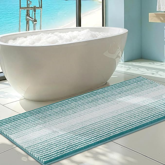 BSICPRO Chenille Bathroom Rugs, 21 x 60 Inches Non Slip Absorbent Bath Mat, Soft Shaggy Shower Bath Floor Mats for Bathroom, Machine Washable(Aqua Green)