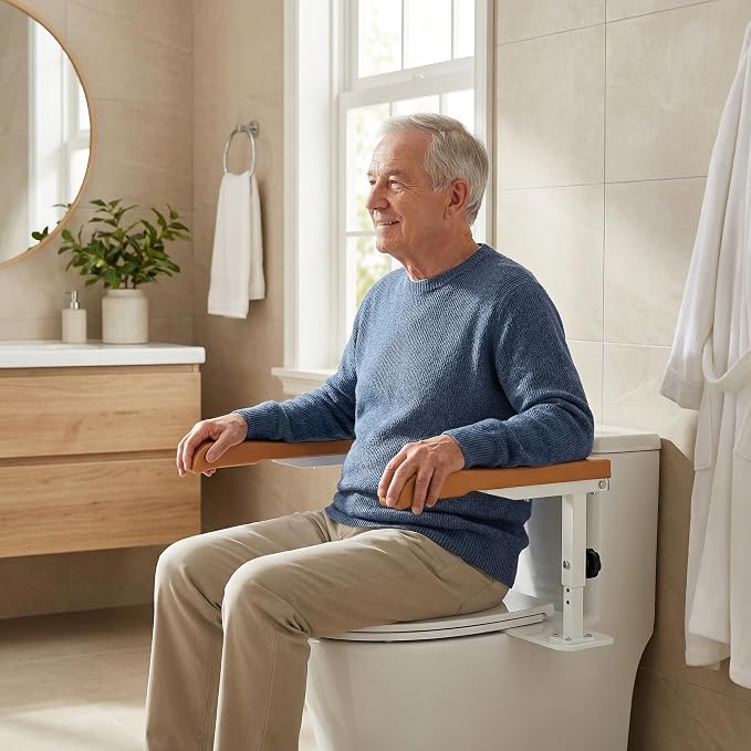 Simple Project 15.7" Toilet Safety Rails for Seniors, Flipped 90°＆Adjust Heigh Toilet Seat Handle, Super Sturdy 500LBS Toilet Safety Frame for Disabled or Mobility Issues, Grab Bars Arms(Brown)