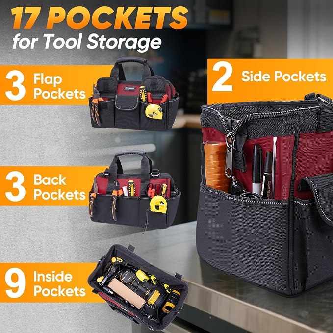 TICONN Heavy Duty Tool Bag with Multi-Pockets, Portable Tool Box Organizer Storage Bag, with Adjustable Shoulder Strap and Ergonomic Handle (Red, 16" Standard Base)