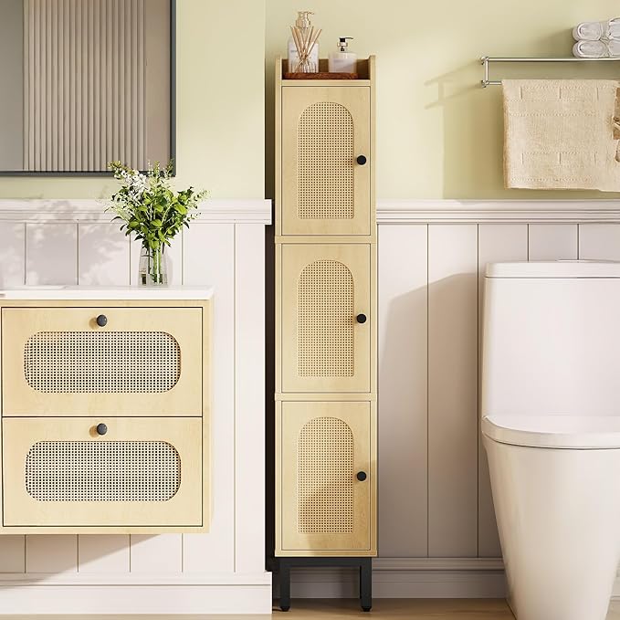 Hzuaneri Slim Bathroom Storage Cabinet, Narrow Bathroom Organizers and Storage with 4 Adjustable Feet, Laundry Room Organization for Small Space, Kitchen, Living Room, 3 Doors Rattan Yellow BC22302Y