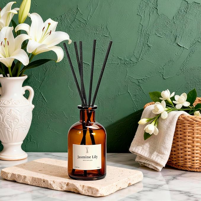 Reed Diffuser Set, 8.12 fl.oz Jasmine Lily Scented Diffuser with 10 Reed Sticks, Up to 120 Days, Home Fragrance Reed Diffuser for Bathroom Office Shelf Decor & Air Fresheners, 2 Pack