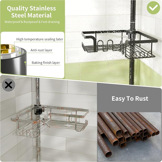 Corner Shower Caddy Tension Pole Adjustable 30.6-127.2 Inch, 4-Tier Rustproof Shower Organizer Shelf Rack, No-Drill Installation Bathroom Storage Shower Caddy Corner Pole, Black