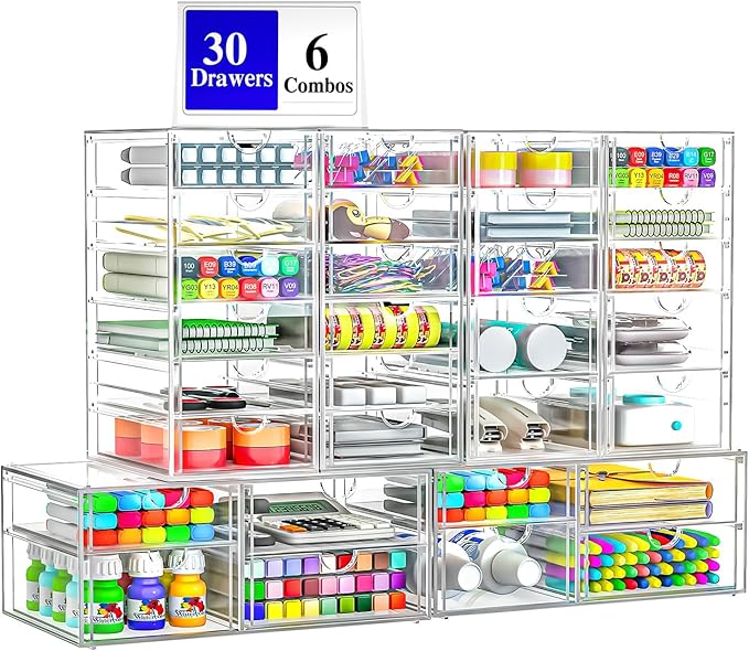 ARSTPEOE 30 Drawers, Acrylic Desk Makeup Organizer, Plastic Drawers Organizer, Stackable Storage Solution for Makeup, Dresser, Office, Bathroom Clear Plastic Craft and Bead Storage Cabinet