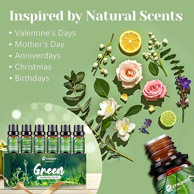 Spring Fragrance Oils Set, Essential Oils for Diffuser for Home, Candle Sopa Making - Enchanted Forest, Willow and Ivy, Clover and Aloe, Fresh Bamboo, Scented Oil Gift Set