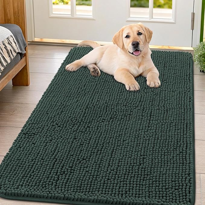 Smiry Dog Door Mat for Muddy Paws 47x32, Absorbent Dirt Trapper, Non-Slip Washable Chenille Entryway Rug for Inside Floor, Green, Classic Solid