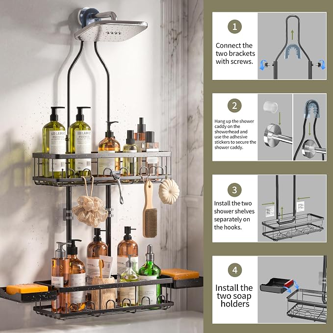 Skyapex Shower Caddy Hanging Over Shower Head, Adjustable Black Bathroom Organizer for Inside Shower, Rust-Resistant Stainless Steel Caddy with 2 Baskets, Hooks & Soap Dish for Tall Bottles
