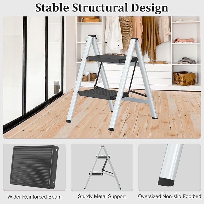 DIAMONDFORGE 2 Step Ladder, Lightweight Folding Step with Wide Anti-Slip Pedal & Feet, 330 lbs Capacity,Sturdy Steel Step Ladder for Home,Office and Library,Gray Black