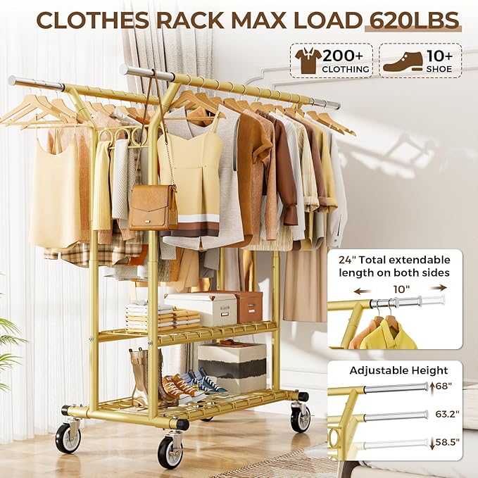 HYSEYY Heavy Duty Clothes Rack, Rolling Clothing Racks With Shelves Load 620 LBS, Double Rod Clothing Racks for Hanging Clothes, Portable& Adjustable Clothes Rack with Wheels Garment Rack,Gold