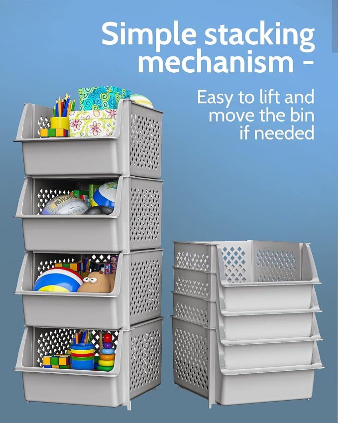 TidyFriend 4 Pack Stackable Storage Bins Open Front for Pantry Organizers and Storage, Pantry Storage for Food, Kitchen and Home Organization, Plastic Storage Bins, Dorm Room Essentials (Light Grey)