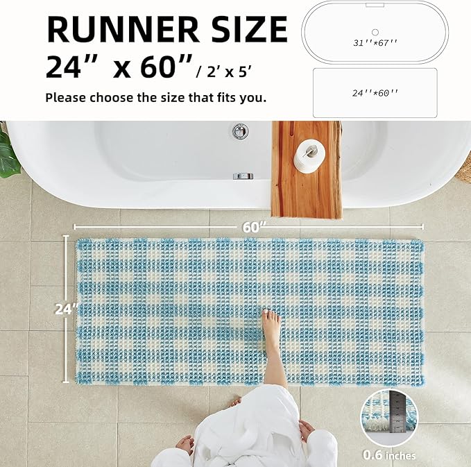 TYUU Waffle Runner Rug Bathroom, Long Boho Bathroom Rugs Non Slip Washable Absorbent Checkered Bathroom Mat Quick Dry Cute Bath Mat, 60"x24" Blue and White