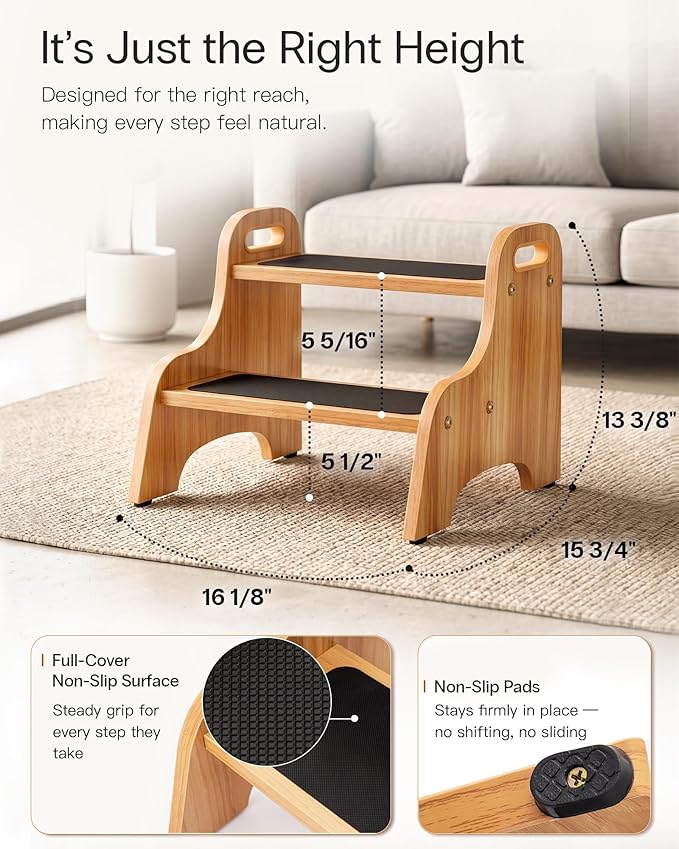 StrongTek Wooden 2-Step Stool for Kids, Non-Slip Surface with Handles, 350 lb Capacity, Toddler Step Stool for Bathroom, Kitchen and Bedroom (Natural)