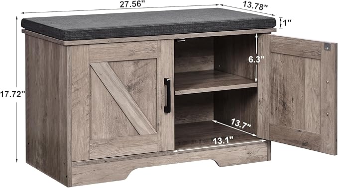 HOMSHO 2-Tier Storage Bench, 27.6" Wide Shoe Bench with Padded Seat Cushion, Entryway Bench with 2 Barn Doors and Adjustable Shelf, Greige