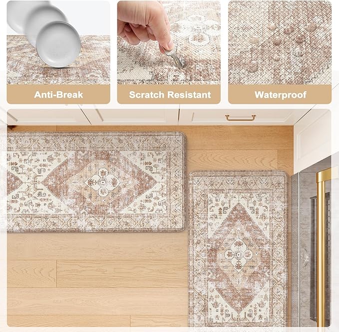 KIMODE Anti Fatigue Kitchen Mats,Boho Vintage Kitchen Rugs Sets of 2,Non Slip Waterproof Kitchen Floor Mats,Ergonomic Cushioned Comfort Standing Mat for Laundry,Office,Sink,Desk,Mutil-Khaki