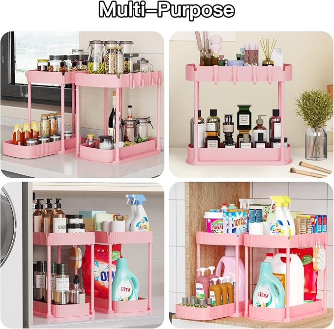 Ukeetap 2 Pack Multi-Purpose Pull-Out Storage Organizers, Under Sink & Cabinet Organizers, 12.8 Inch Pink