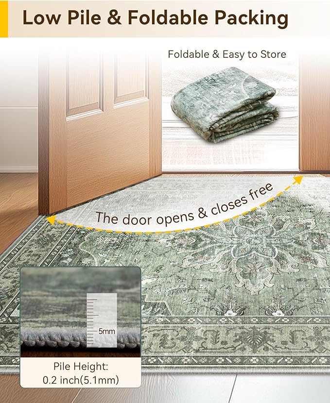 RELEANY Area Rugs Runner 3'x7' Washable Non-Slip, Floral Vintage Distress Medallion Carpet for Kitchen Hallway Bedroom Beside Laundry Room Bathroom, Dark Green Gray