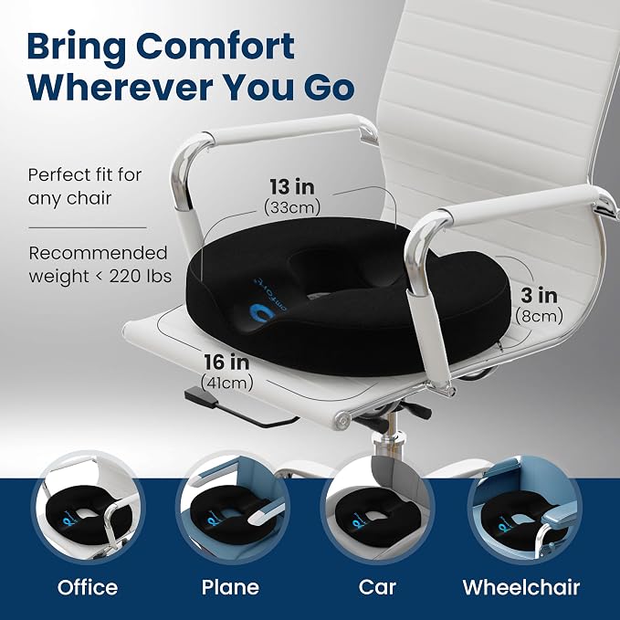 Everlasting Comfort Donut Pillow for Tailbone Pain Relief Ergonomic Seat Cushion - Hemorrhoid Pillow for Sitting- Ideal Memory Foam Coccyx Chair Cushion for Postpartum Pregnancy, Anti-Slip, Washable