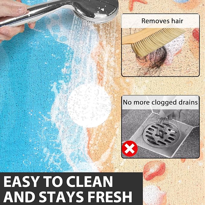 Non Slip Shower Mat: 32x24 Inch Extra Large Shower Mats for Inside Shower with Drain Hole in Middle - Soft PVC Loofah Anti Slip Shower Floor Mat for Standing and Walk-in Shower, Quick Drying