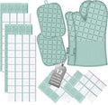 Oven Mitts Pot Holders Sets/Kitchen Towels and Dishcloths, Oven Gloves Kitchen Dish Towels 500 Degree Heat Resistant Potholders with Non-Slip Silicone Surface for Cooking, Grilling, Baking-Mint Green