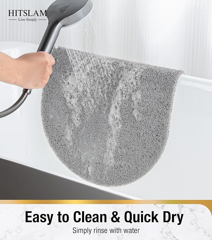 HITSLAM Oval Loofah Shower Mat Non Slip, 27x16 Inch Bath Mat for Textured Tub & Inside Shower Stall, No Suction Cups Quick Drying PVC Porous Floor Mat, Soft Foot Exfoliating Bathtub Mat, Grey