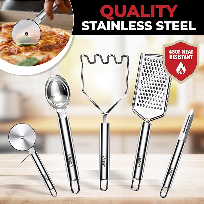 Kaluns 50 PCS Silicone Kitchen Utensils Set Complete Kitchen Set - 800°F Heat Resistant Non-Stick Premium Silicone Cooking Utensils W Wooden Handles - Can Opener, Masher, Turner, Silicone Spatula Set