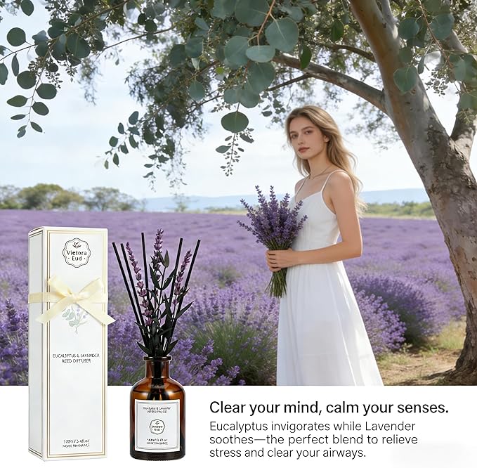 Eucalyptus & Lavender Essential Oil Reed Diffuser - 3.34 Fl Oz, Luxury Hotel Collection Diffuser Oil Inspired by Ritz Carlton for Home&Office, Bedroom/Living Room Shelf Decor,Non-Toxic & Gift Ready